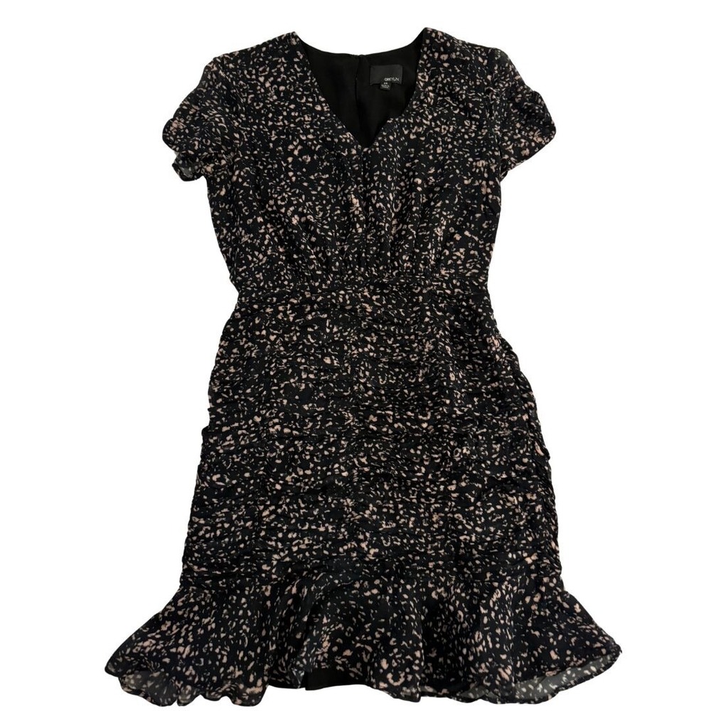Greylin Ruched Mini Dress Black Patterened Size XS